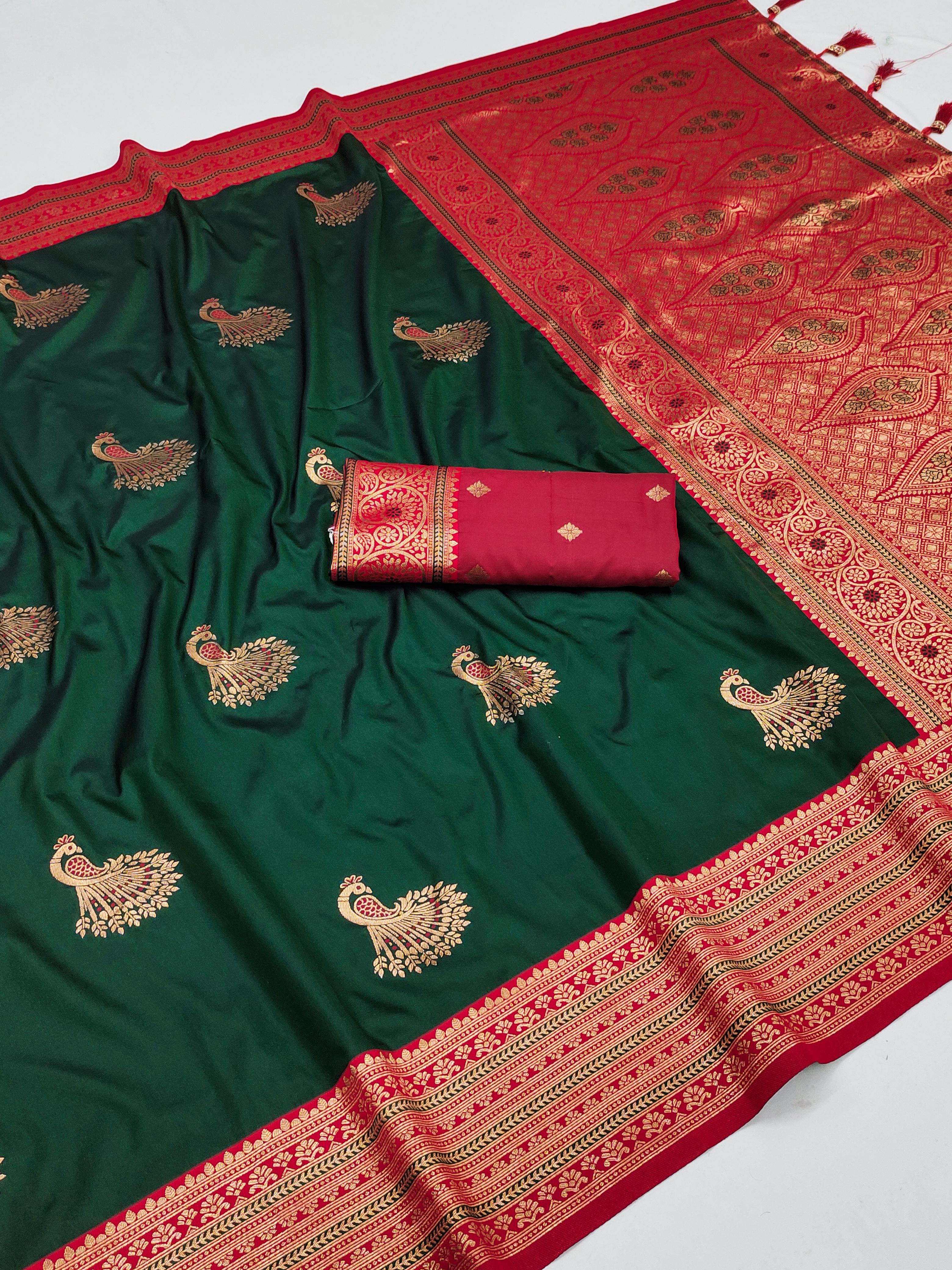 Soft Silk Zari Weaving Paithani Style Peacock hues dancing Saree.